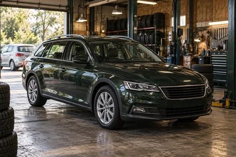Generated scene of a green estate car and a silver car inside a fictional garage.