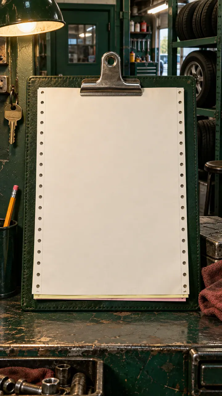 Generated portrait scene of the fictional garage, with a blank physical document