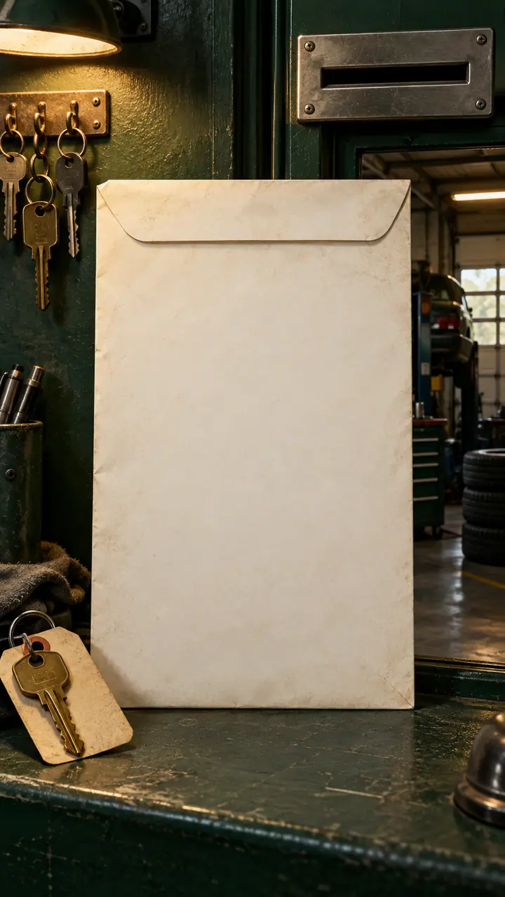 Generated portrait scene of the fictional garage, with a blank physical document