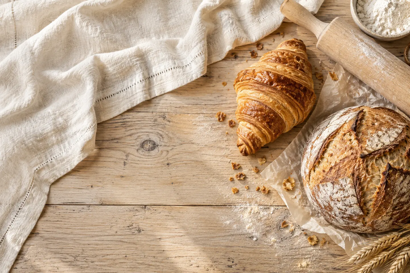 Generated still life of a croissant and sourdough on pale oak and cream linen.