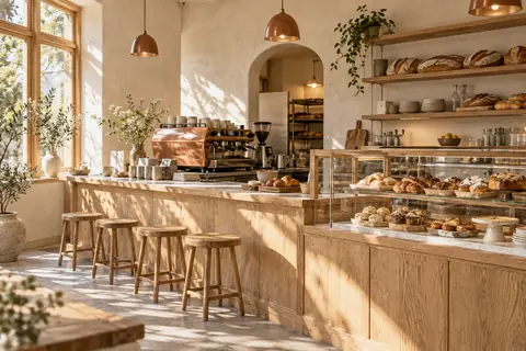 Generated interior of an empty pale-oak bakery with a copper coffee machine.