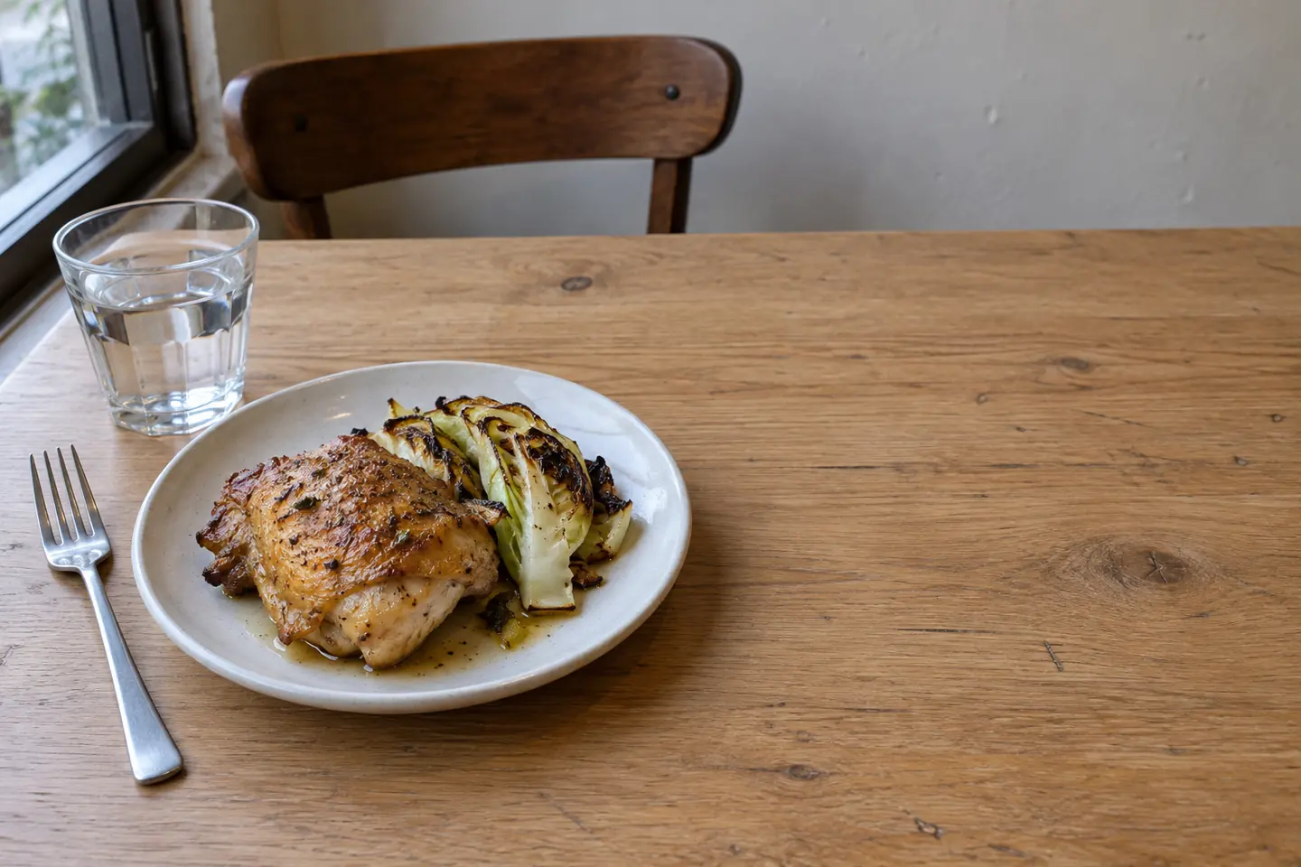 One chicken plate on a quiet oak bistro table.