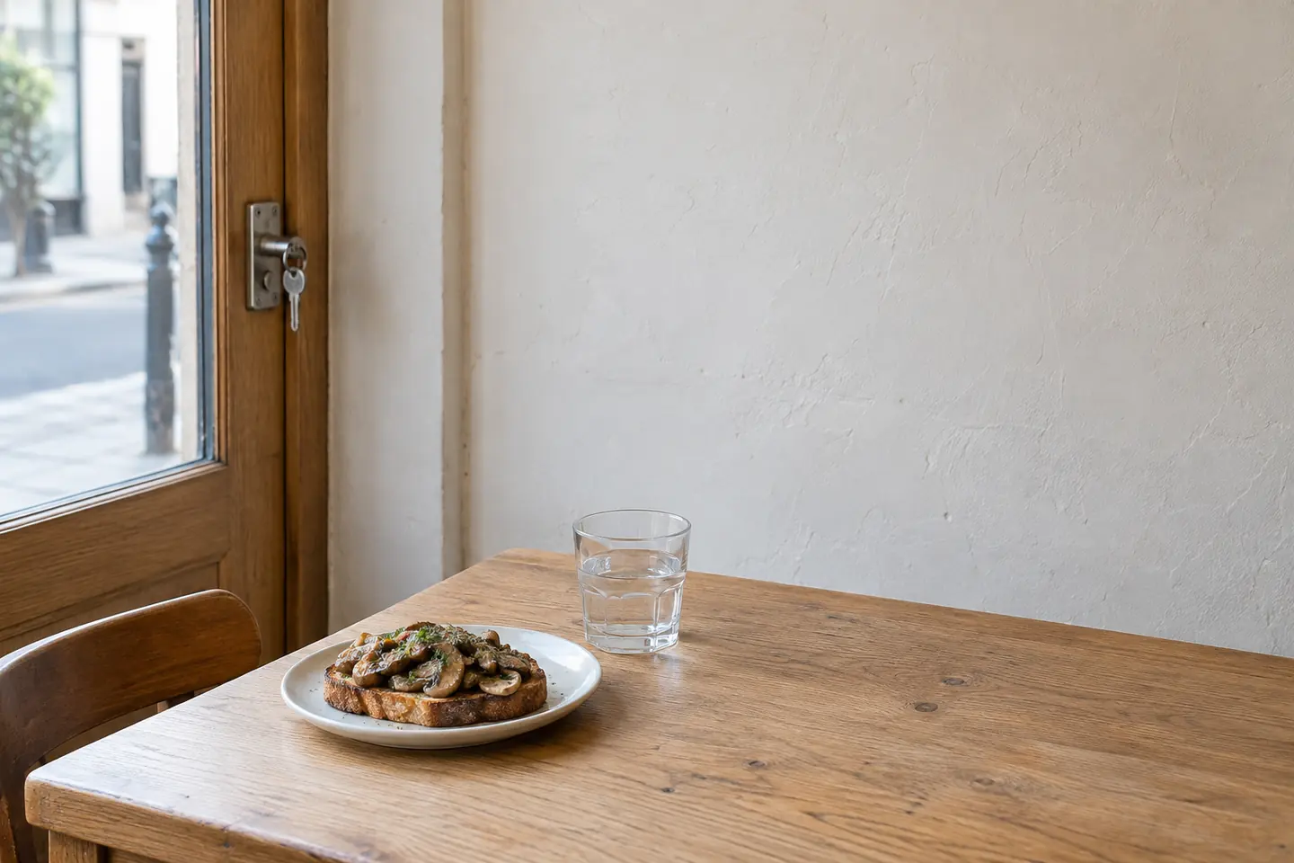 A modest bistro entrance with a steel key, one toast and one water glass.