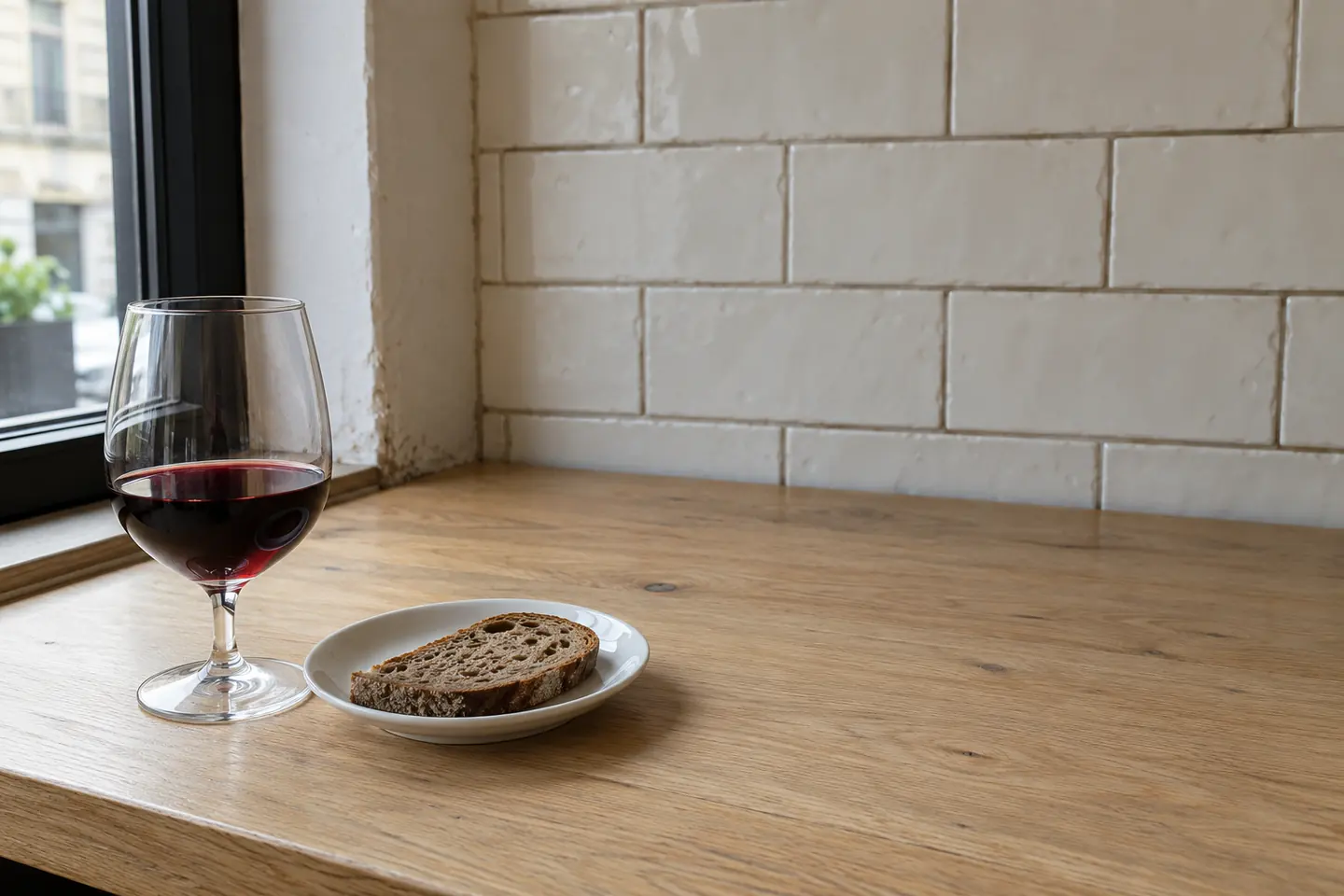 One red wine glass and a rye slice on an ordinary fictional bistro counter.